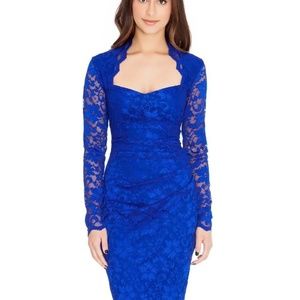 Goddiva Blue Lace Long Sleeve Pencil Dress - XS